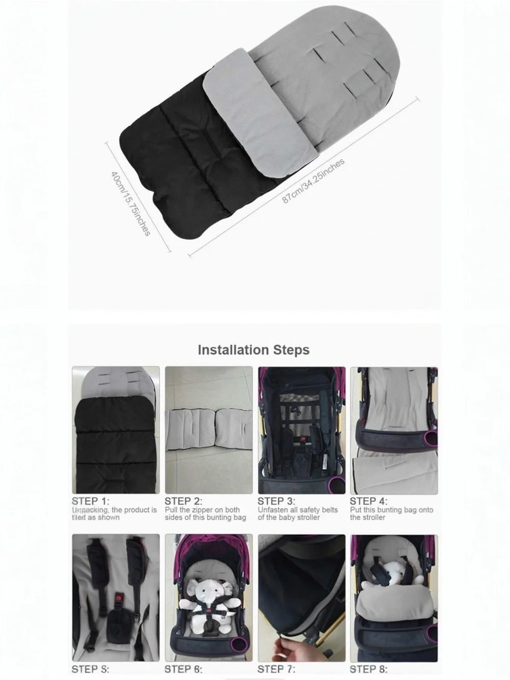 Universal Travel Bunting Bag Footmuff Stroller Cozy Black Gray Fleece Zip Cover